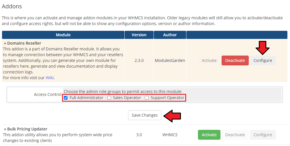 Domains Reseller For WHMCS: WHMCS Addon Modules with Configure button, Full Administrator access checked and Save