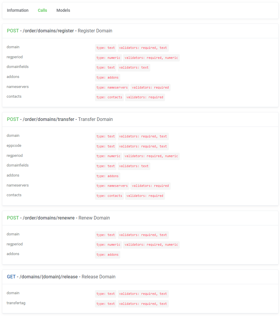 Domains Reseller For WHMCS: Reseller Area API Documentation Calls tab listing register, transfer, renew and release