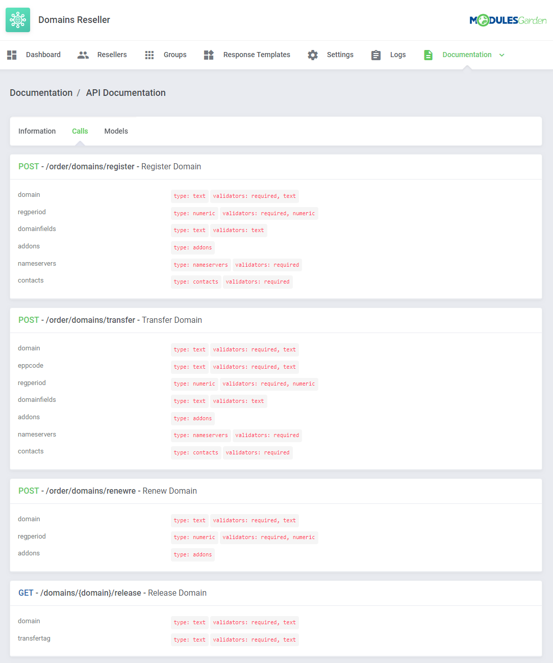 Domains Reseller For WHMCS: API Documentation, Calls tab with register, transfer, renew and release domain requests