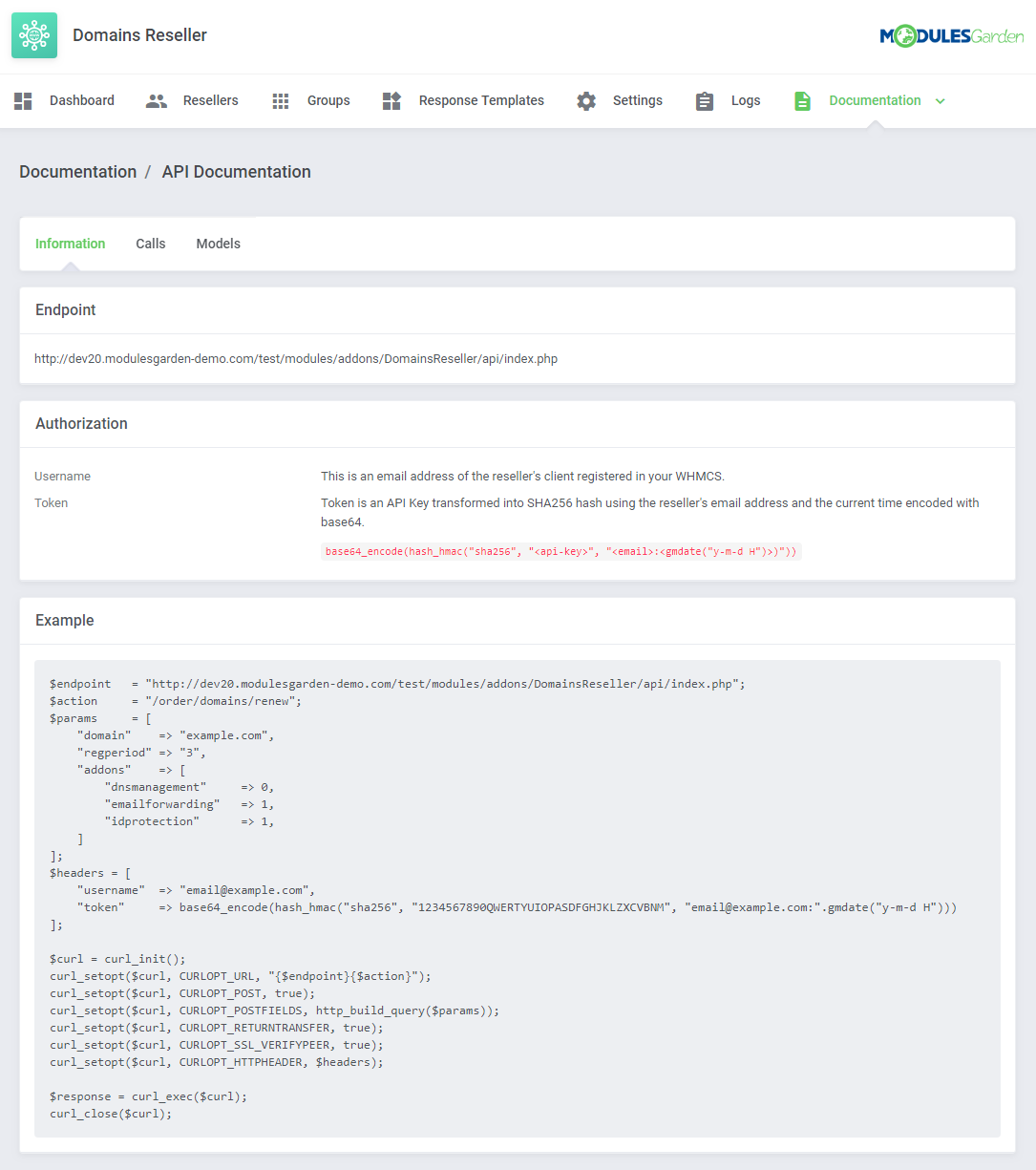 Domains Reseller For WHMCS: API Documentation, Information tab with endpoint, authorization details and a PHP request