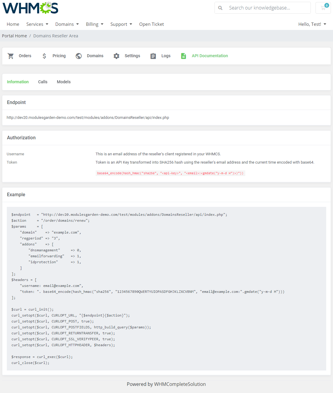 Domains Reseller For WHMCS: Reseller Area API Documentation Information tab with endpoint, authorization and example