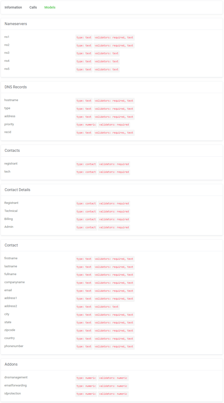 Domains Reseller For WHMCS: Reseller Area API Documentation Models tab with nameservers, DNS records, contacts and