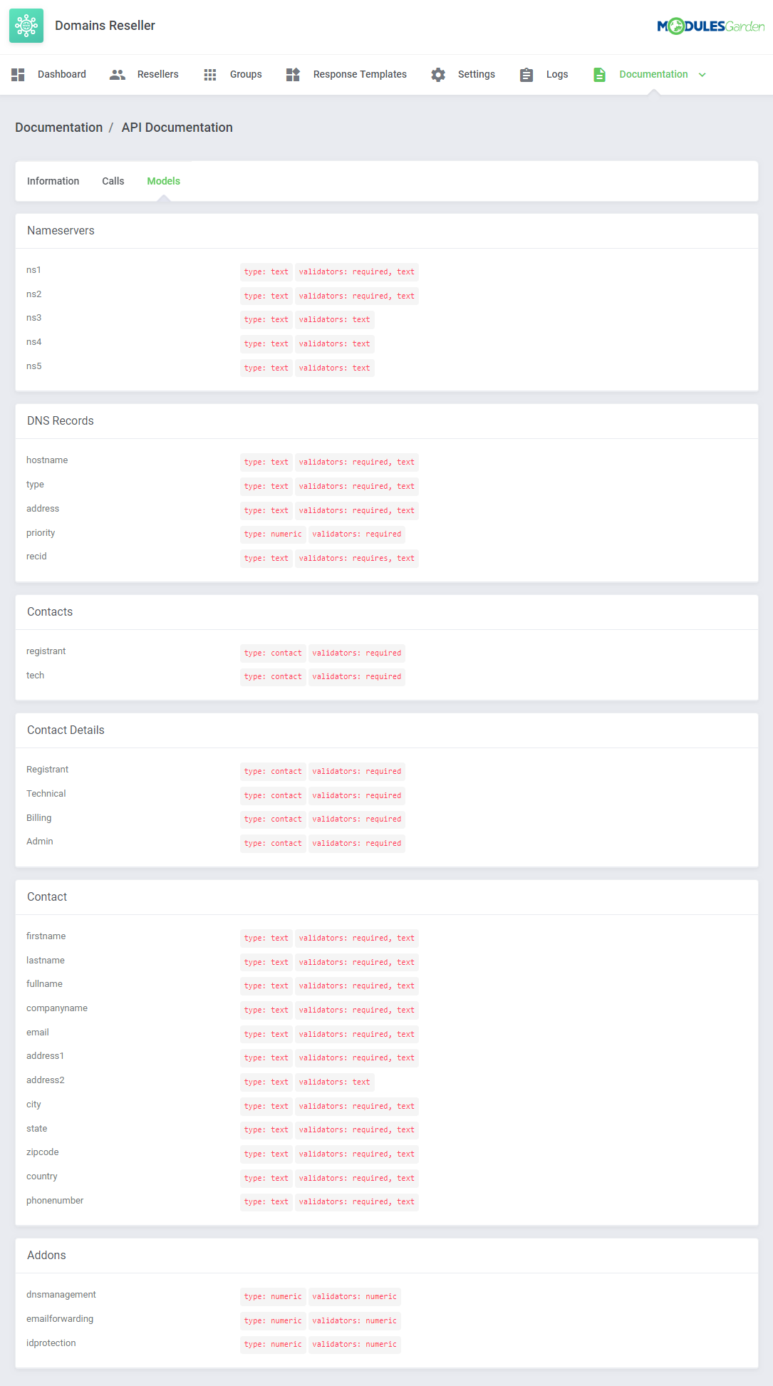 Domains Reseller For WHMCS: API Documentation, Models tab with nameservers, DNS records, contacts and addons fields