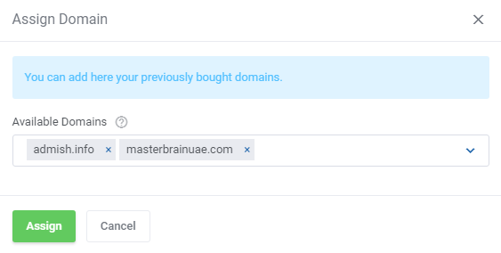 Domains Reseller For WHMCS: Assign Domain dialog with the Available Domains dropdown and the Assign button
