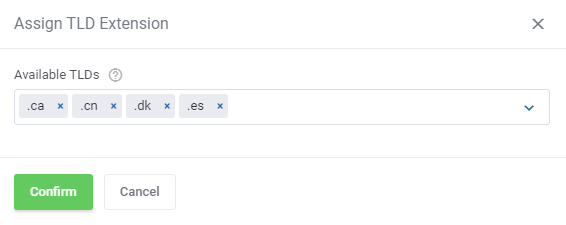 Domains Reseller For WHMCS: Assign TLD Extension dialog with the Available TLDs field and Confirm button