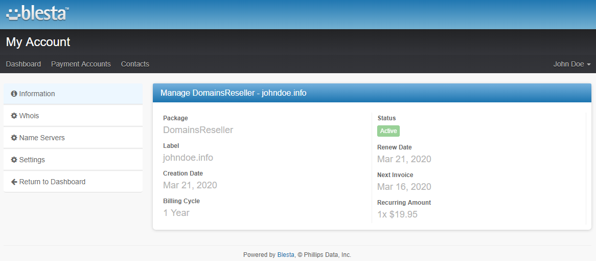 Domains Reseller For WHMCS: Blesta client area Manage DomainsReseller page with domain information and status