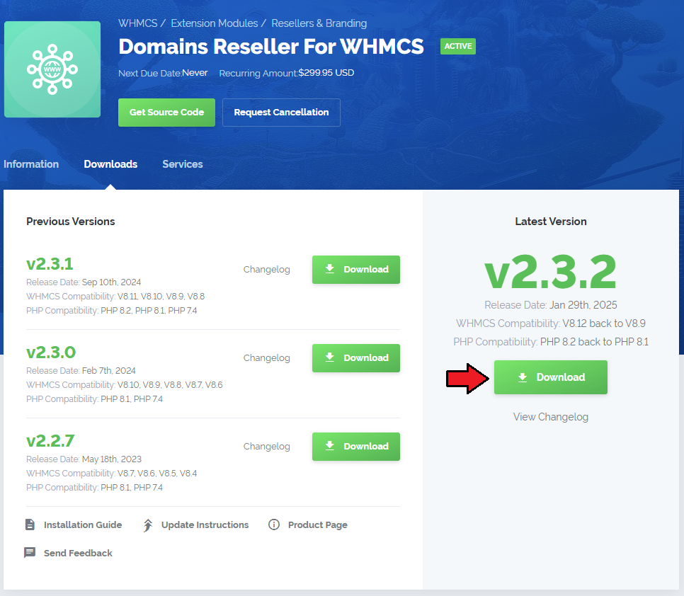 Domains Reseller For WHMCS: Download page of the module in the ModulesGarden client area with the Download button for