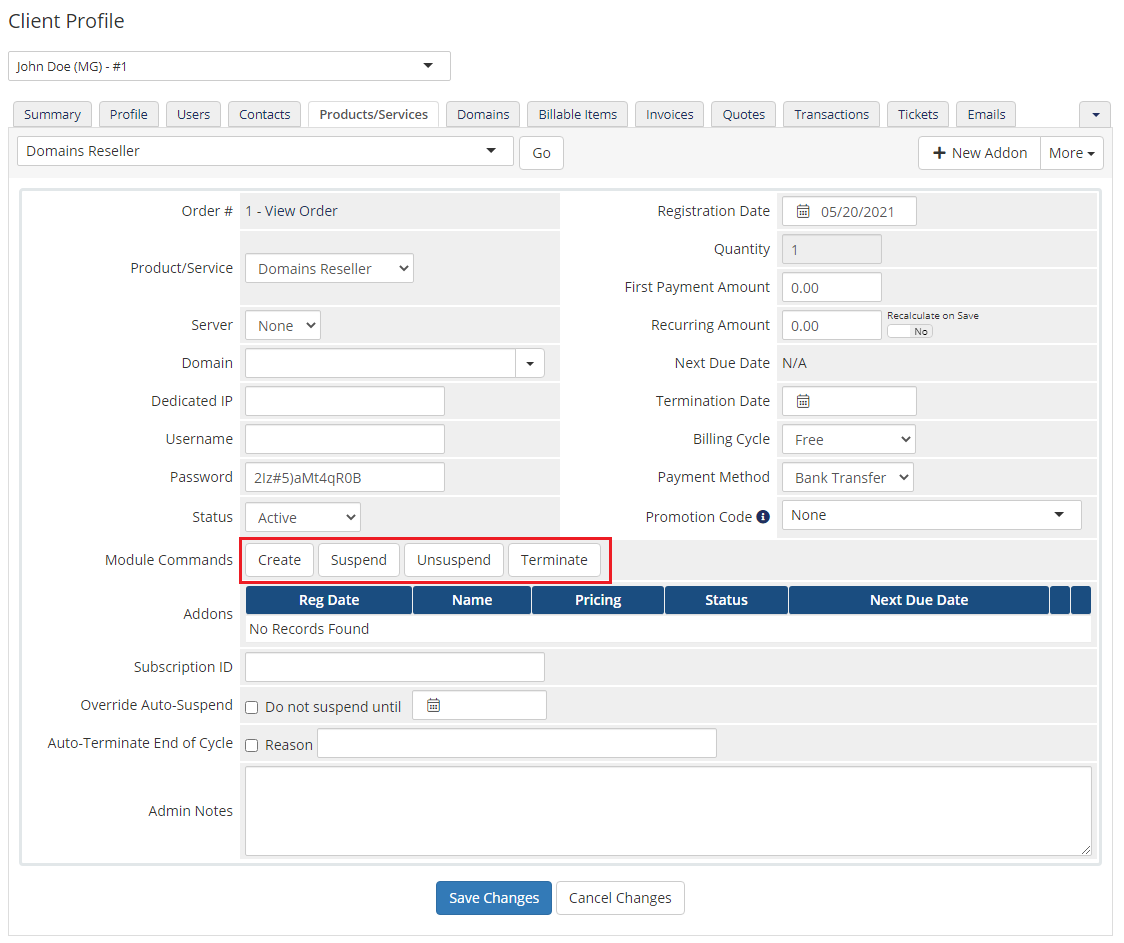 Domains Reseller For WHMCS: WHMCS client profile Products/Services tab with Create, Suspend, Unsuspend and Terminate