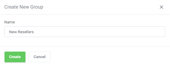 Domains Reseller For WHMCS: Create New Group dialog with the Name field and Create button