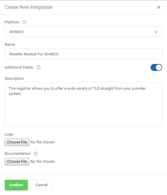 Domains Reseller For WHMCS: Create New Integration dialog with platform, name, description, logo and file fields