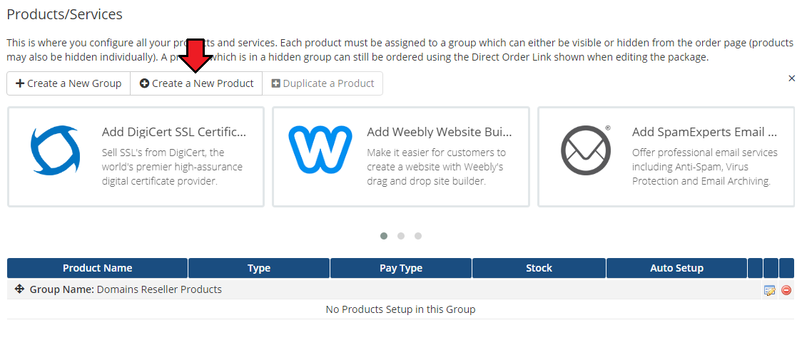 Domains Reseller For WHMCS: WHMCS Products/Services page with the new product group and the Create a New Product button