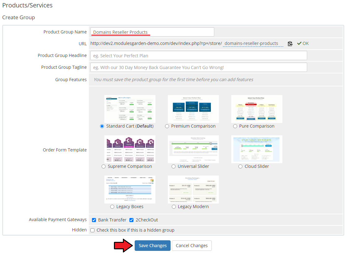 Domains Reseller For WHMCS: WHMCS Create Group form with the product group name filled in and the Save Changes button