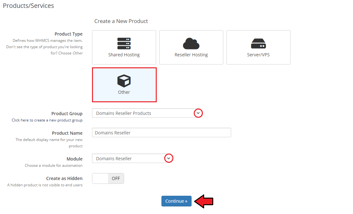 Domains Reseller For WHMCS: WHMCS Create a New Product form with product type Other, name and Domains Reseller module