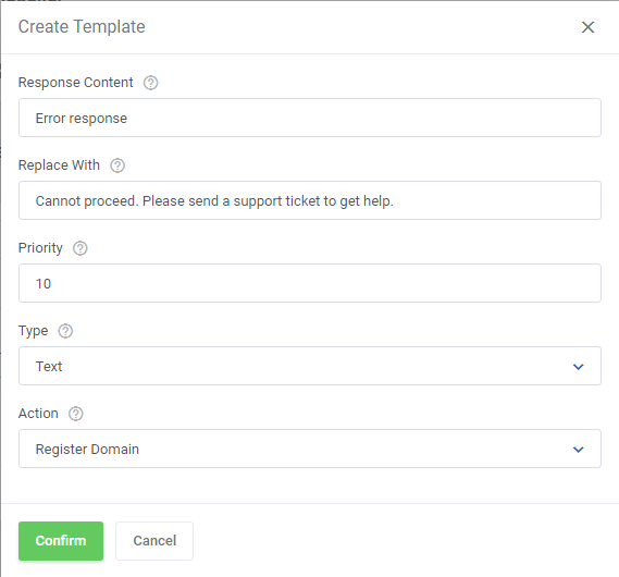 Domains Reseller For WHMCS: Create Template form filled in with type Text and action Register Domain, Confirm button