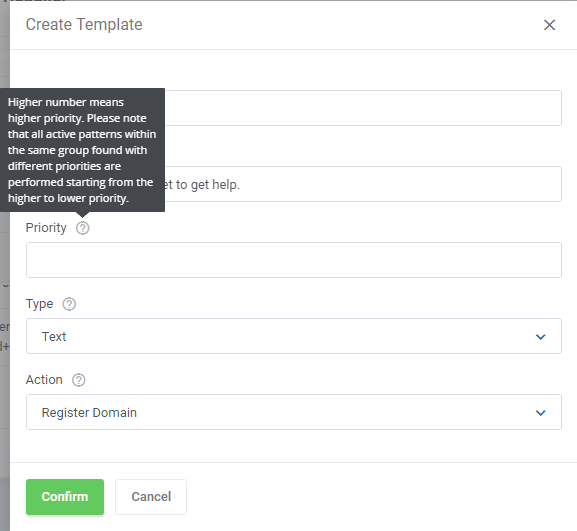 Domains Reseller For WHMCS: Create Template form with the Priority help tooltip, a higher number means higher priority