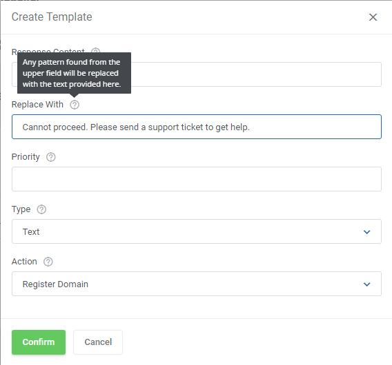 Domains Reseller For WHMCS: Create Template form with the Replace With field filled in and its help tooltip