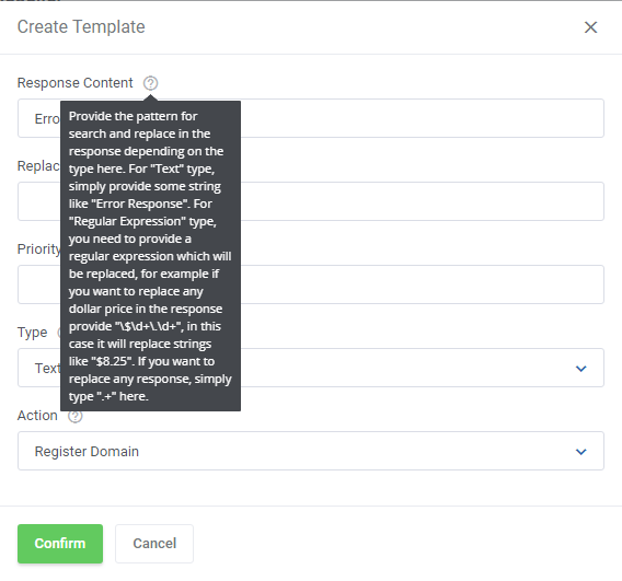 Domains Reseller For WHMCS: Create Template form with the Response Content help tooltip about text and regular