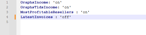Domains Reseller For WHMCS: dashboard.yml configuration file in a text editor with LatestInvoices set to off