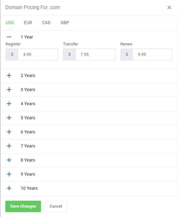 Domains Reseller For WHMCS: Domain Pricing dialog for .com with currency tabs and register, transfer and renew prices
