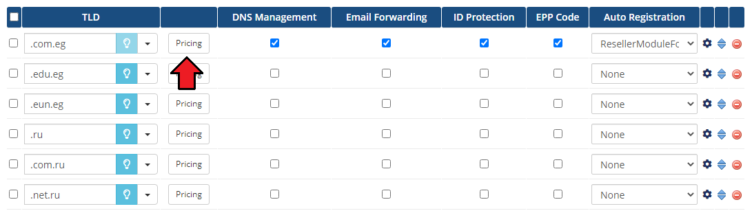 Domains Reseller For WHMCS: WHMCS Domain Pricing list with the Pricing button next to the .com.eg TLD