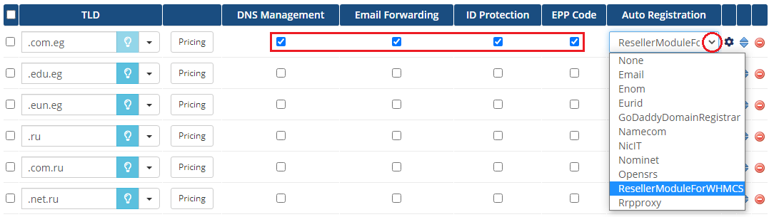 Domains Reseller For WHMCS: WHMCS Domain Pricing list with TLD options and the registrar dropdown for auto registration