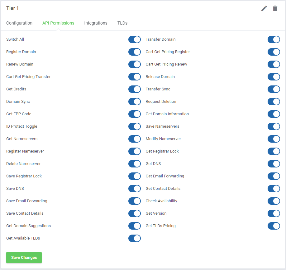 Domains Reseller For WHMCS: group API Permissions tab with toggles for each API action and the Switch All option