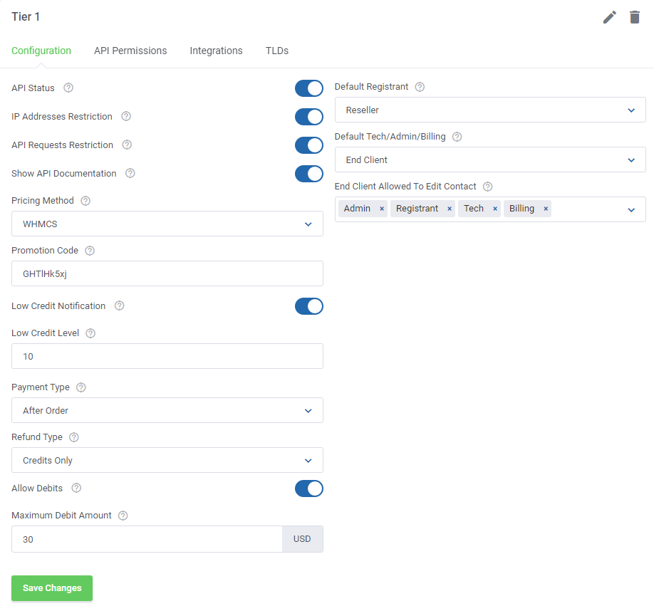 Domains Reseller For WHMCS: group Configuration tab with API, pricing, credit, payment, refund and contact settings