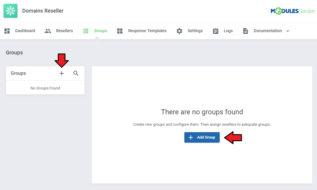 Domains Reseller For WHMCS: Groups page with no groups and the two Add Group buttons marked