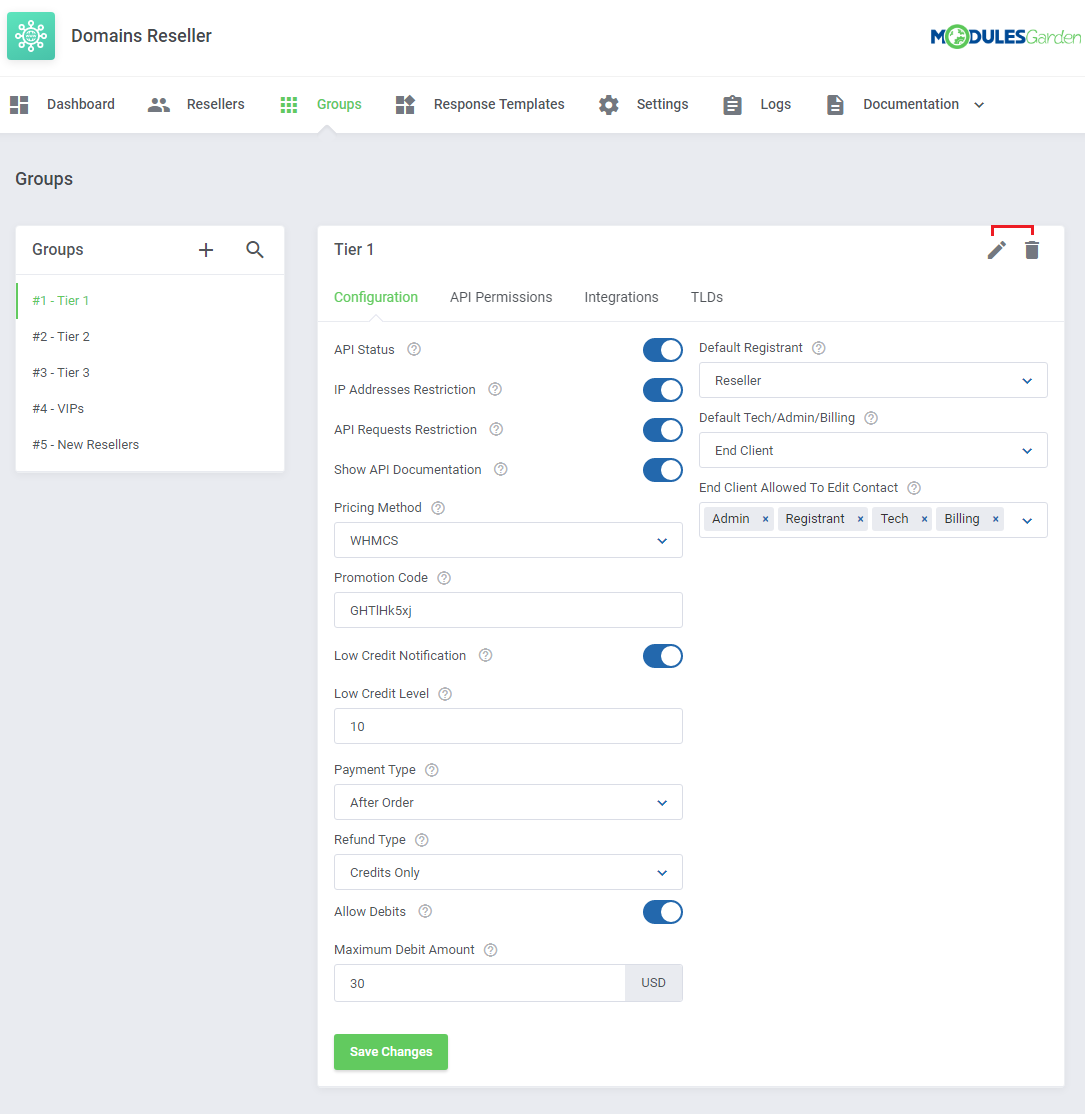 Domains Reseller For WHMCS: Groups page with the Tier 1 group configuration, with the edit and delete icons marked