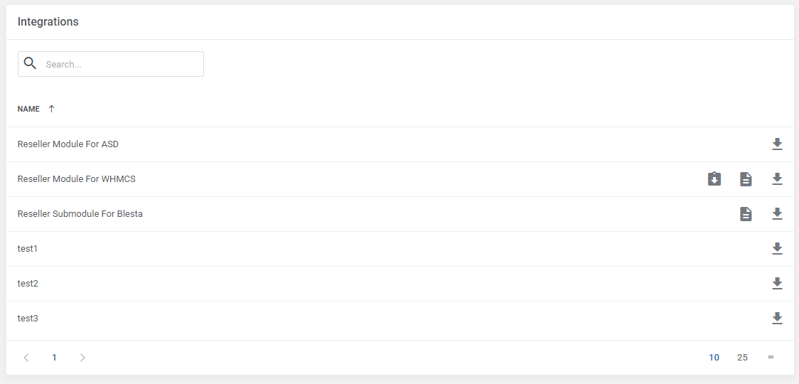 Domains Reseller For WHMCS: Integrations list in Reseller Area Settings with download package and documentation icons