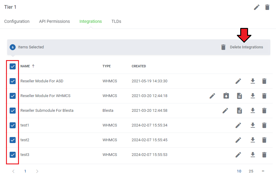 Domains Reseller For WHMCS: group Integrations list with all items selected and the Delete Integrations mass action