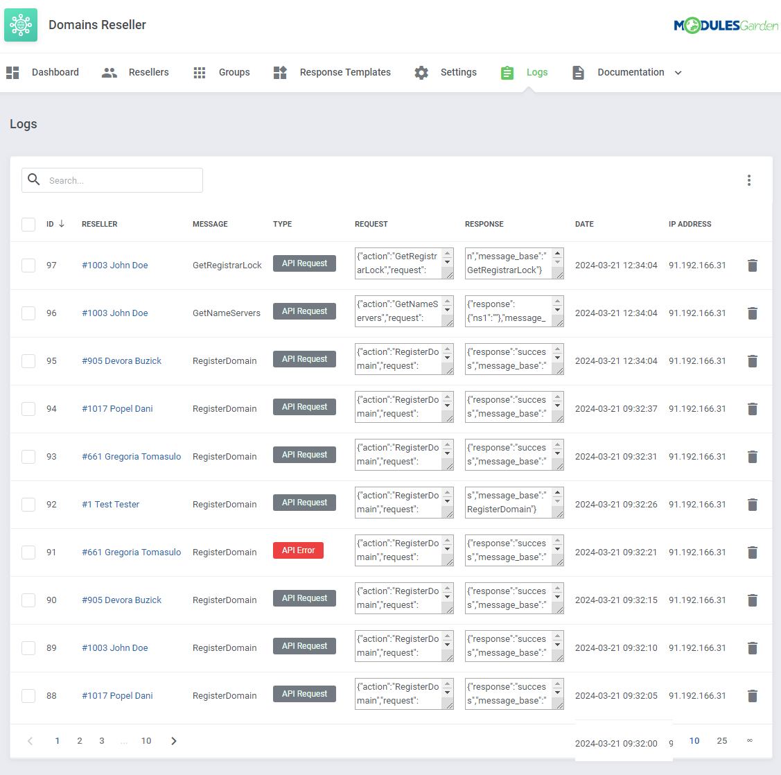 Domains Reseller For WHMCS: Logs page listing API requests and responses with reseller, message, type, date and IP