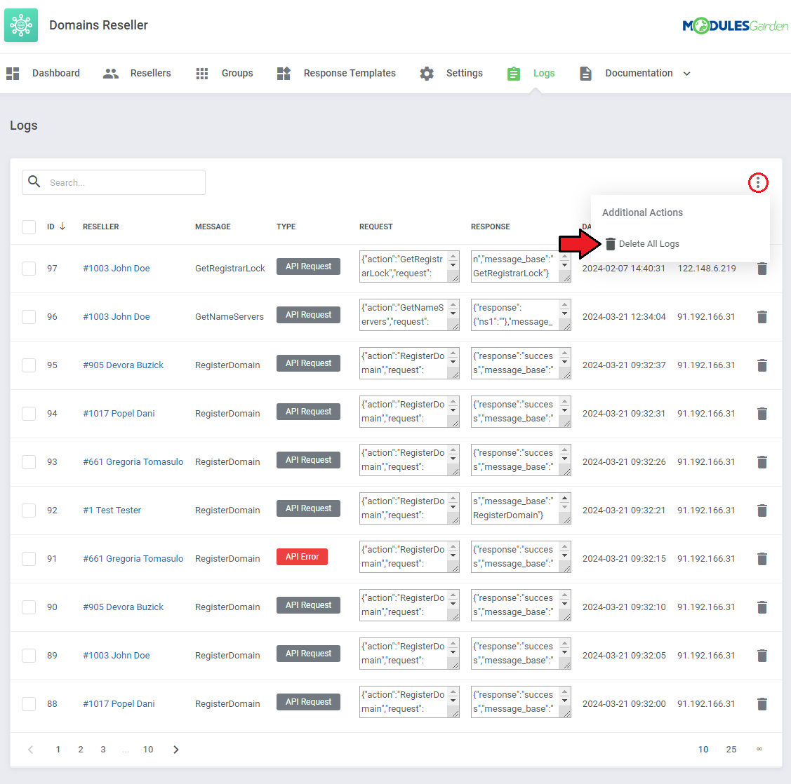 Domains Reseller For WHMCS: Logs page with the additional actions menu open and the Delete All Logs option marked