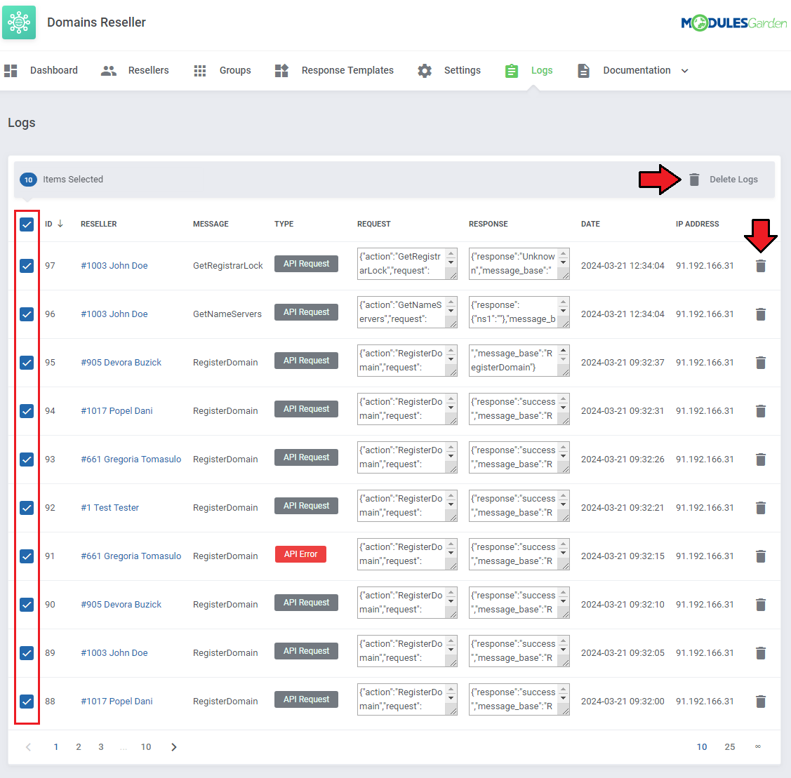 Domains Reseller For WHMCS: Logs page with all rows selected, the Delete Logs button and a single row delete icon marked