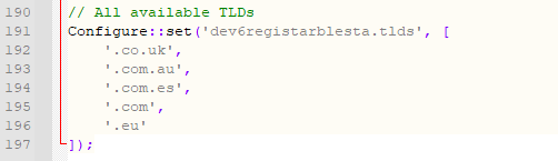 Domains Reseller For WHMCS: configuration file section listing available TLDs such as .co.uk, .com.au, .com.es, .com
