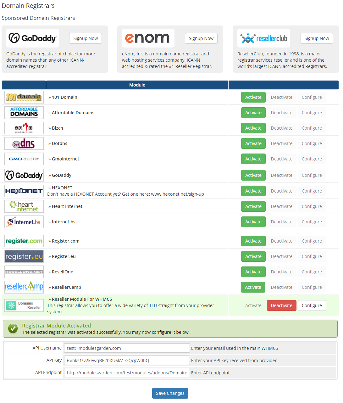Domains Reseller For WHMCS: WHMCS Domain Registrars page with API Username, API Key and API Endpoint fields and Save