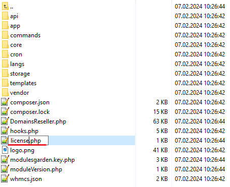 Domains Reseller For WHMCS: file manager listing with the licenseRENAME.php file renamed to license.php