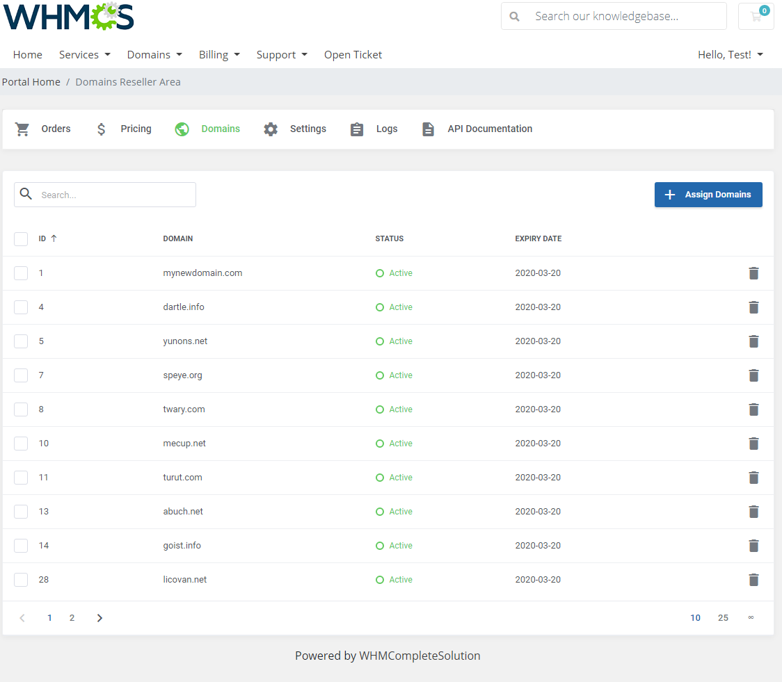 Domains Reseller For WHMCS: Reseller Area Domains tab with the Assign Domains button and the list of assigned domains