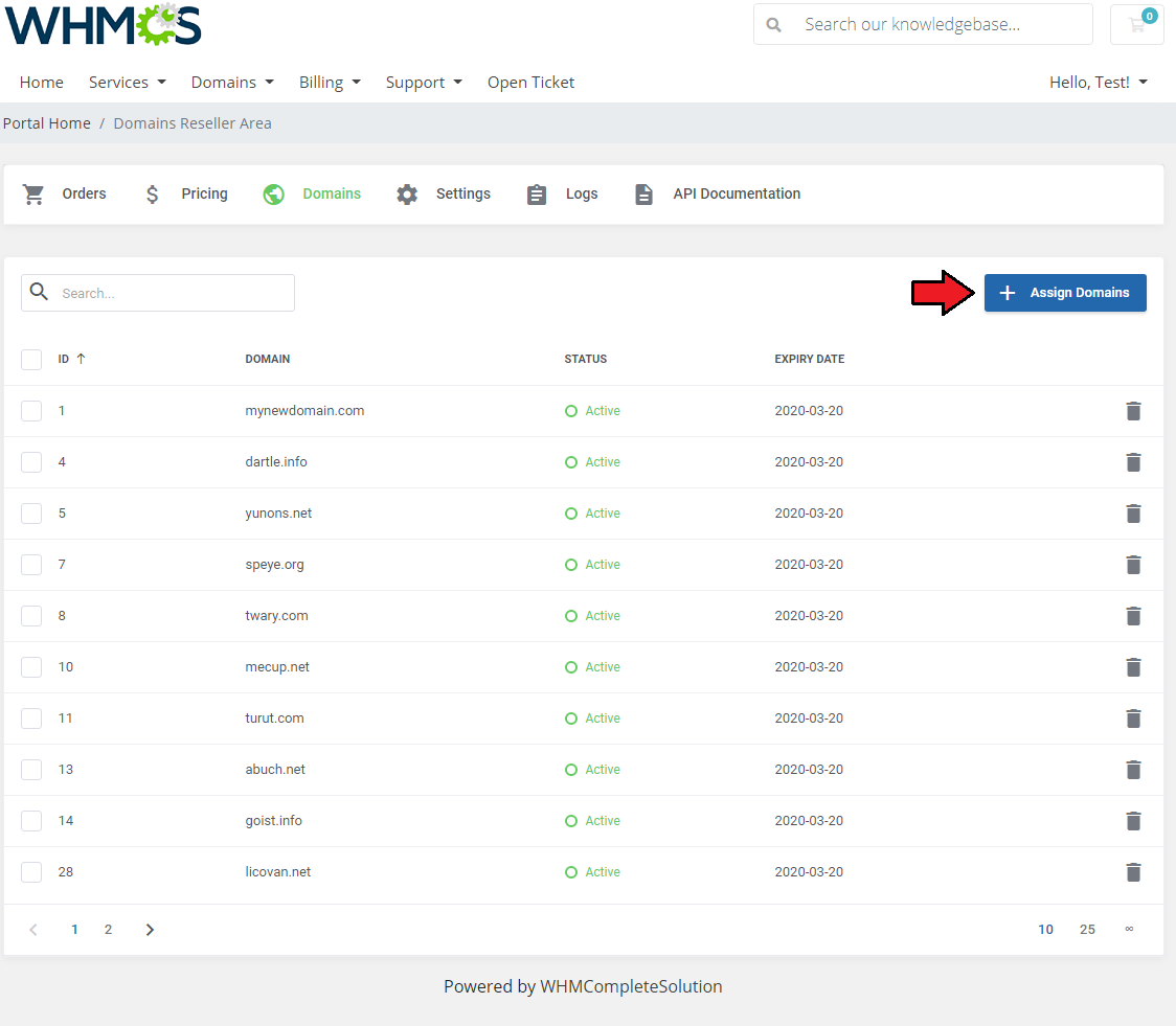 Domains Reseller For WHMCS: Domains Reseller Area, Domains tab with a list of domains and the Assign Domains button