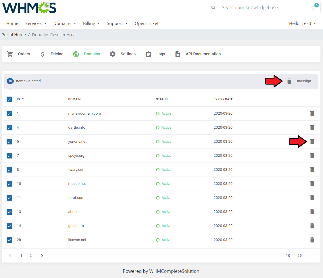 Domains Reseller For WHMCS: Reseller Area Domains tab with selected domains and the Unassign button and trash icons