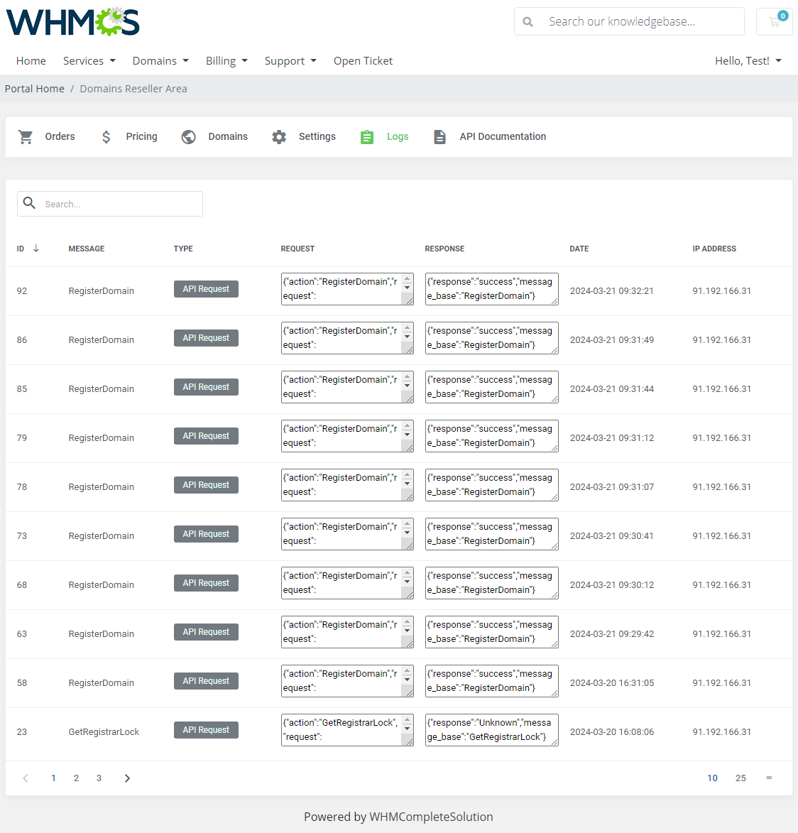 Domains Reseller For WHMCS: Reseller Area Logs tab with a table of API requests, responses, dates and IP addresses