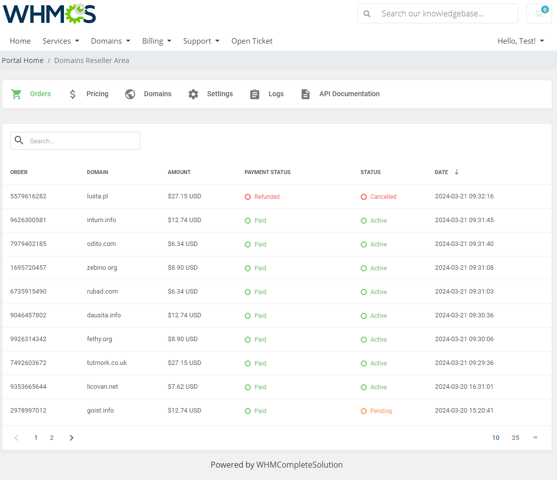 Domains Reseller For WHMCS: Domains Reseller Area in the WHMCS client area, Orders tab with a list of domain orders