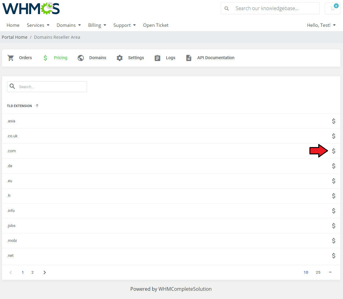 Domains Reseller For WHMCS: Domains Reseller Area, Pricing tab with a list of TLDs and the pricing icon marked next to