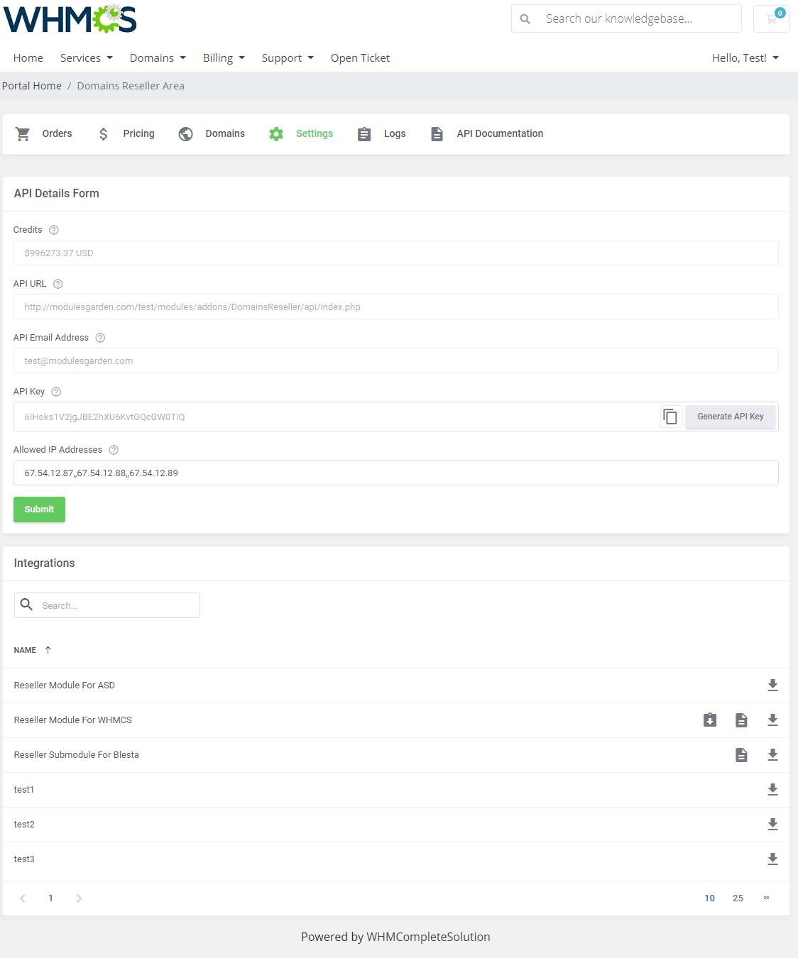 Domains Reseller For WHMCS: Reseller Area Settings tab with the API Details Form, API key and the Integrations list