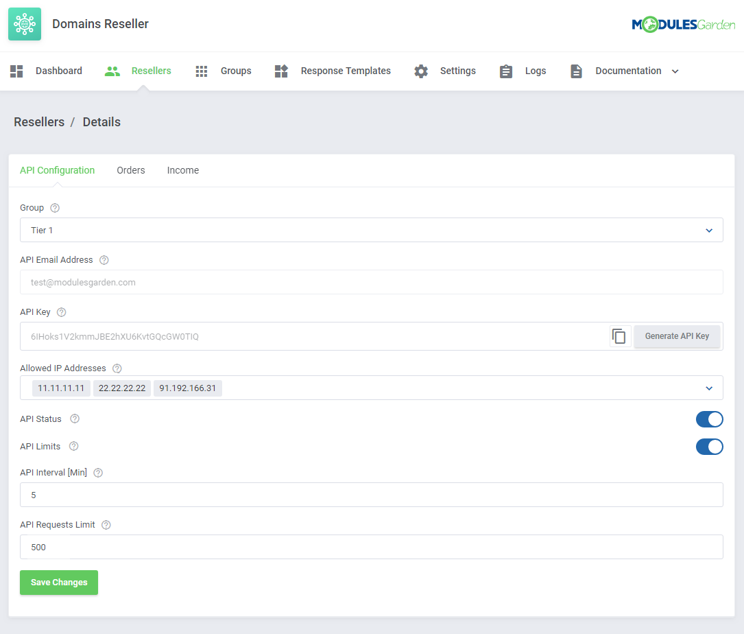 Domains Reseller For WHMCS: Reseller details, API Configuration tab with API key, allowed IP addresses and API limits