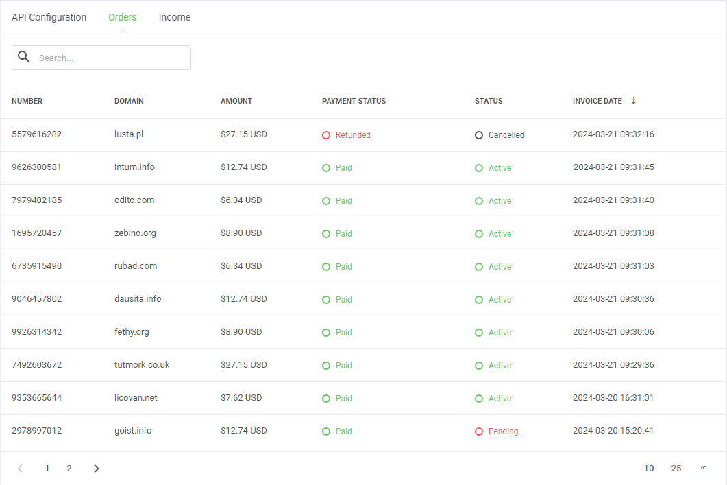 Domains Reseller For WHMCS: Reseller details, Orders tab listing domain orders with amount, payment status and invoice
