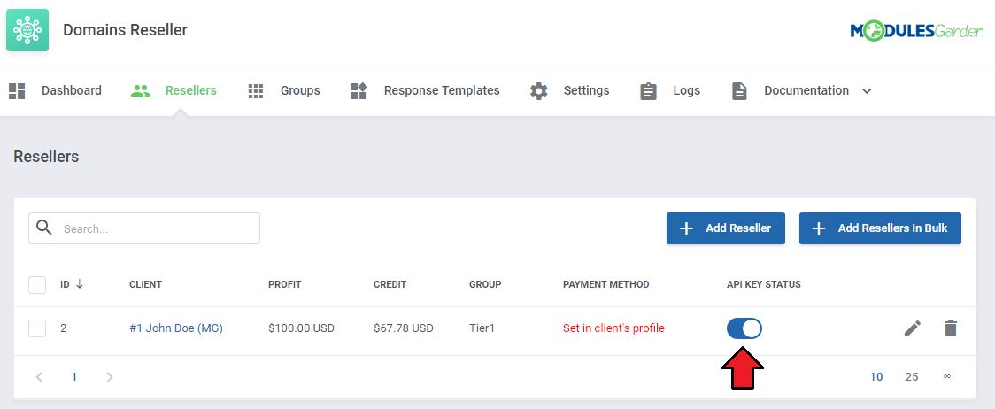Domains Reseller For WHMCS: Domains Reseller admin Resellers page with the API Key Status switch for a reseller