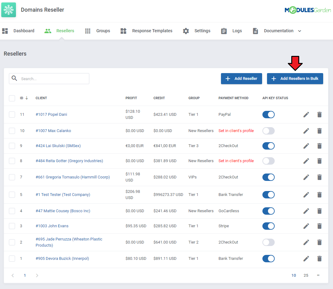 Domains Reseller For WHMCS: Resellers list in the module with the Add Resellers In Bulk button marked