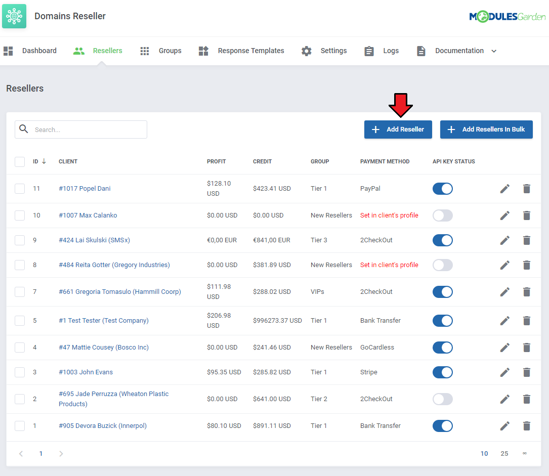 Domains Reseller For WHMCS: Resellers list in the module with the Add Reseller button marked