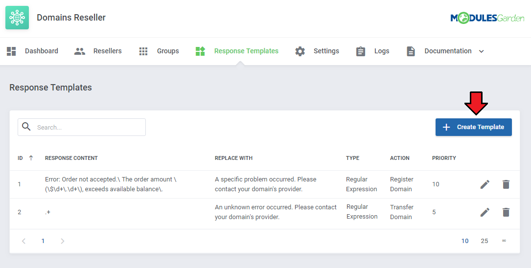 Domains Reseller For WHMCS: Response Templates page with a list of templates and the Create Template button marked